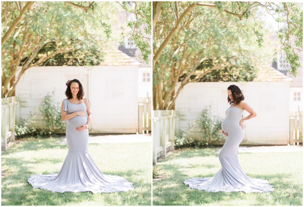 colonial williamsburg maternity session lavender maternity gown crepe myrtle 

