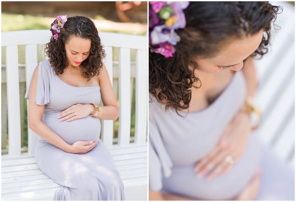 colonial williamsburg maternity session lavender maternity gown floral hair comb white bench bump embrace